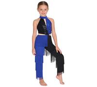 LiiYii Filles Costume Disco Des Années Style Discothèque Justaucorps Danse Moderne Jazz Vêtements Danse Latino Américain Tango Avec Paillettes Nappe Costume Carnaval Bleu 15-16 ans