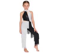 LiiYii Filles Costume Disco Des Années Style Discothèque Justaucorps Danse Moderne Jazz Vêtements Danse Latino Américain Tango Avec Paillettes Nappe Costume Carnaval Blanc 15-16 ans