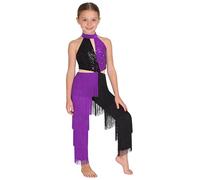 LiiYii Filles Costume Disco Des Années Style Discothèque Justaucorps Danse Moderne Jazz Vêtements Danse Latino Américain Tango Avec Paillettes Nappe Costume Carnaval Violet 15-16 ans
