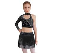 LiiYii Filles Robe De Danse Latino Américan Tango avec Applications Strass Robe De Patinage Artistique Une Épaule Crop Top De Gymnastique Rythmique Minijupe Noir 11-12 Ans