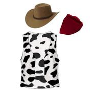 LiiYii Homme Cowboy Déguisement Gilet Vache Flanelle avec Chapeau et Bandana Cow-Boy Cosplay Déguisement Halloween Carnaval Rouge&Café L