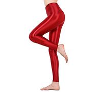 LiiYii Leggings Femmes Collant Métallique Brillant Leggings de Danse Gym Yoga Pantalon Sport Stretch Bas de Joggings Pants Clubwear M-XL Rouge M