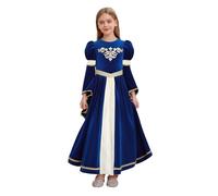 LiiYii Robe De Princesse Médiévale Manches Longue Pour Enfant Fille Déguisement Renaissance Victorienne Retro Pour Halloween Carnaval Fête Bleu royal 11-12 ans