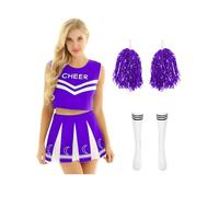 LiiYii Tenue De Cheerleading Moderne Pour Femme Débardeur Court Imprimé Lettre Jupe Florales De Main Et Chaussettes Spectacle De Danse Pom Pom Girl Violet XXL