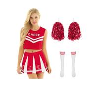 LiiYii Tenue De Cheerleading Moderne Pour Femme Débardeur Court Imprimé Lettre Jupe Florales De Main Et Chaussettes Spectacle De Danse Pom Pom Girl Rouge S