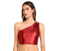 LiiYii Top De Danse du Ventre pour Femme Chemise De Danse Classique Moderne Jazz Hip Hop À Une Épaule Tshirt De Sport Maillot De Gymnastique Rythmique Tenue De Rouge 170-180/M