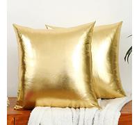 LiiZee Lot de 2 housses de coussin décoratives modernes métallisées brillantes en similicuir doux pour canapé/lit/fête, 45,7 x 45,7 cm Doré