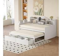 LIJBDDM Canapé Convertible 90 * 200, lit gigogne 90 * 190 avec Deux tiroirs, Grand Compartiment de Rangement et Panier de Rangement, Prise USB, lit Simple en Bois (White + Wood + 90cm*200cm)