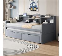 LIJBDDM Canapé Convertible 90 * 200, lit gigogne 90 * 190 avec Deux tiroirs, Grand Compartiment de Rangement et Panier de Rangement, Prise USB, lit Simple en Bois (Gray + Wood + 90cm*200cm)