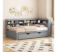 LIJBDDM Canapé-lit 90x200, gigogne 90x190 avec Prise USB et Multiples rangements, lit en Bois Massif, Multifonction en Bois (Gray + Wood + 90cm*200cm)