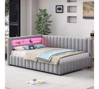 LIJBDDM Canapé-lit rembourré 140x200, recouvert de Tissu Velours avec lumière LED et Port de Charge USB, avec Dossier, tête de lit et Cadre de lit Stable (Gray + Upholstered + 140cm*200cm.)