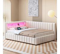 LIJBDDM Canapé-lit rembourré 140x200, recouvert de Tissu Velours avec lumière LED et Port de Charge USB, avec Dossier, tête de lit et Cadre de lit Stable (Beige + Upholstered + 140cm*200cm)