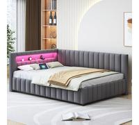 LIJBDDM Canapé-lit rembourré 140x200, recouvert de Tissu Velours avec lumière LED et Port de Charge USB, avec Dossier, tête de lit et Cadre de lit Stable (Dark Gray + Upholstered + 140cm*200cm)