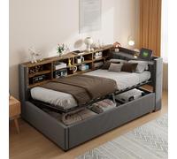 LIJBDDM Canapé-lit rembourré 90 * 200 cm, avec Espace de Rangement hydraulique, avec veilleuse, Port de Charge USB et Type-C, avec étagères et Compartiments de Rangement (Grey + Velvet + 90cm*200cm)