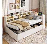 LIJBDDM Canapé-lit rembourré 90 * 200 cm, avec Espace de Rangement hydraulique, avec veilleuse, Port de Charge USB et Type-C, avec étagères et Compartiments de Rangement (Beige + Velvet + 90cm*200cm)