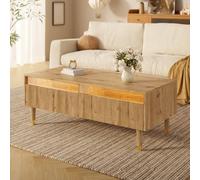 LIJBDDM Cette Table Basse LED Moderne Comprend Un Plateau de tiroir ondulé, des Pieds dorés et Blancs, Deux tiroirs et Une Bande Lumineuse LED à Changement de Couleur. (Wood + MDF)