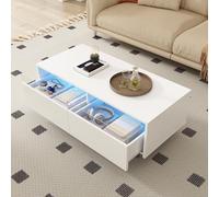 LIJBDDM Cette Table Basse LED Moderne Comprend Un Plateau de tiroir ondulé, des Pieds dorés et Blancs, Deux tiroirs et Une Bande Lumineuse LED à Changement de Couleur. (White + MDF)
