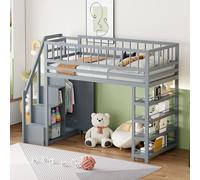 LIJBDDM Hochbett 90 x 200, Hochzaun-Sicherheitsdesign mit Kleiderschrank, Regalen und Stauraum mit Sicherheitskletterleiter, Multifunktionsbett, Massivholzbett (Grey + Solid Wood + Bedroom)