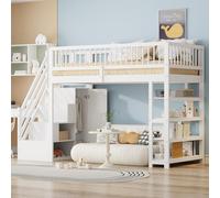 LIJBDDM Hochbett 90 x 200, Hochzaun-Sicherheitsdesign mit Kleiderschrank, Regalen und Stauraum mit Sicherheitskletterleiter, Multifunktionsbett, Massivholzbett (White + Solid Wood + Bedroom)