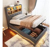 LIJBDDM Lit Enfant 90×200cm avec Espace de Rangement hydraulique Bande Lumineuse LED contrôlée par Application Port de Charge USB Sommier à Lattes métalliques Revêtement en Lin (Grey + Iron)