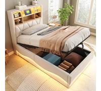 LIJBDDM Lit Enfant 90×200cm avec Espace de Rangement hydraulique Bande Lumineuse LED contrôlée par Application Port de Charge USB Sommier à Lattes métalliques Revêtement en Lin (Beige + Iron)