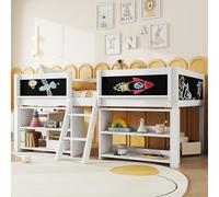 LIJBDDM Lit mi-Hauteur 90 x 200 cm, Multiples étagères de Rangement, Garde-Corps avec Fonction Amovible/Dossier réglable/Gain de Place pour Les Petits séjours