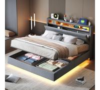 LIJBDDM Lit rembourré 140x200 cm, sommier Flottant hydraulique avec Rangement, lit rembourré Multifonctionnel avec Prise USB et lumière LED, tête de lit réversible (Grey + Upholstered + 140cm*200cm)