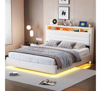 LIJBDDM Lit rembourré 140x200 cm, sommier Flottant hydraulique avec Rangement, lit rembourré Multifonctionnel avec Prise USB et lumière LED, tête de lit réversible (Beige + Upholstered + 140cm*200cm)