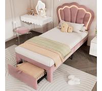 LIJBDDM Lit simple pour enfant - 90 x 200 cm - Avec tiroirs - APP-Control LED - Sommier à lattes et tête de lit réglable - Cadre de lit pour adolescent - En velours - Rose