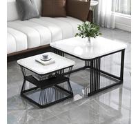LIJBDDM Lot de 2 tables d'appoint modernes en MDF aspect marbre, tube d'acier blanc brillant, noir, 2 tables de 65 x 65 x 45 cm et 45 x 45 x 39,5 cm
