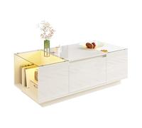 LIJBDDM Table Basse Moderne et Minimaliste de 105 cm avec Espace de Rangement, éclairage d'ambiance LED, Plateau en Verre et 2 tiroirs (White + Particle Board)