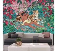 LIJUCAI Tigre et Fille Tapisserie Mandala Tapisserie Tenture murale Boho décor macramé hippie, Bleu Royal, 150x150 CM