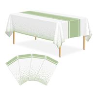 LIKAJON Lot de 4 nappes blanches et vert sauge - Décorations de fête en plastique - Nappe blanche imprimée vert sauge - 137,2 x 274,3 cm - Jetables - Rectangulaire - Pour anniversaire, mariage, remise