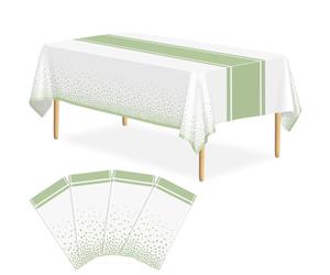 LIKAJON Lot de 4 nappes blanches et vert sauge - Décorations de fête en plastique - Nappe blanche imprimée vert sauge - 137,2 x 274,3 cm - Jetables - Rectangulaire - Pour anniversaire, mariage, remise