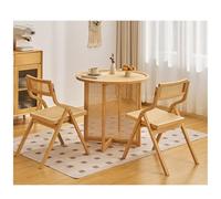 LIKANGLONGJU Table Basse Ronde Japonaise en Bois Massif, Coffee Table Comprenant Deux Chaises Pliantes en Rotin, Idéale pour Les Salons, Appartements(Beige,80x47cm/31x19in)