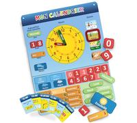 LIKARTO Mon Premier Calendrier magnétique, 36 aimants, 20 cartes | 42 x 32 cm, horloge à aiguilles mobiles, station météo, inscriptible et effaçable, jeu éducatif