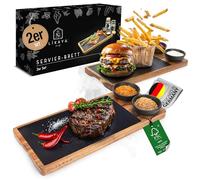 LIKAYA® Lot de 2 Planches de Service en Bois d'acacia certifié FSC® avec Plateau en Ardoise et Sauce pour Steak, Hamburgers, sushis et Bien... - Accessoires Parfaits par Exemple pour Le Barbecue