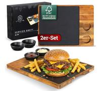 LIKAYA® Lot de 2 planches de service XXL « Domingo » en bois d'acacia FSC® avec plateau en ardoise et bols à sauce, planche à barbecue et accessoires pour steak, hamburgers