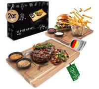 LIKAYA® Lot de 2 planches de service XXL « Santiago » - Bois d'acacia FSC® avec bols à sauce - Parfait comme planche à griller, planche à steak et cadeau pour hamburgers, steak et sushis