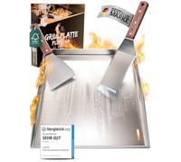 LIKAYA Plancha Plaque de cuisson en acier inoxydable [40 x 40 cm] - Acier inoxydable 4 mm sans distorsion avec 2 spatules pour barbecue avec manche en bois d'acacia FSC - Parfait pour les hamburgers
