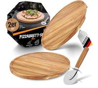 LIKAYA® Planche à pizza/assiette à pizza 'MARIO' set de 2 rondes avec coupe-pizza [⌀35cm de hauteur] en bois d'acacia certifié FSC® pour pizza, gâteaux, snacks et bien plus encore!