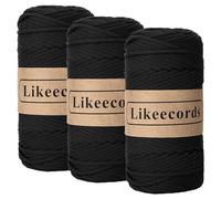 Likeecords Lot de 3 écheveaux de cordon en polyester tressé pour macramé, 4 mm, 135 m, fil élastique pour sac à crochet, loisirs créatifs, suspension de plantes, sac et décoration d'intérieur (noir)