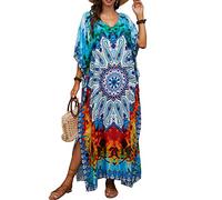 LikeJump Femme Boho Multicolore Kaftan Beach Dress Bikini Cover Ups Kimono Maxi Kaftan Plus Size