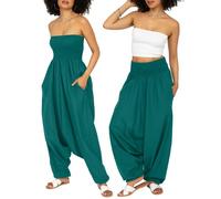 likemary Combinaison Femme Été en Coton - 2 en 1 Sarouel Pantalon Fluide Femme à Taille Élastique - Combinaison Convertible Avec Poches - Vert émeraude