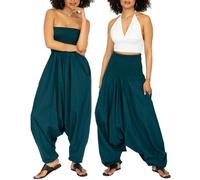 likemary Combinaison Femme Été en Coton - 2 en 1 Sarouel Pantalon Fluide Femme à Taille Élastique - Combinaison Convertible Avec Poches - Bleu-Vert