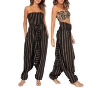 likemary Combinaison Femme Été en Coton - 2 en 1 Sarouel Pantalon Fluide Femme à Taille Élastique - Combinaison Convertible Avec Poches Avec Poches - Noires et Dorées