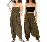 likemary Combinaison Femme Été en Coton - 2 en 1 Sarouel Pantalon Fluide Femme à Taille Élastique - Combinaison Convertible Avec Poches - Olive