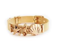 LIKERY Parure Oceanlover | bracelet à breloques avec trois charmes maritimes - coquillages, étoiles de mer, hippocampes | disponible en argent, or, or rose | couleur : or