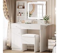 LIKIMIO Table à langer avec tiroirs et miroir avec éclairage LED, prise et armoire, tabouret de rangement, ensemble de coiffeuse élégante pour chambre à coucher, blanche