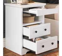 LIKIMIO Table de chevet moderne avec 3 tiroirs, étagère ouverte, table d'appoint avec plateau extractible, table d'appoint en bois, blanc
